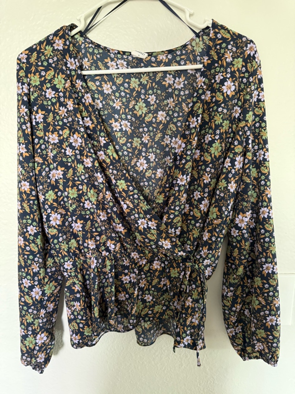 Melrose and Market Black Floral Wrap Blouse with Green & Lavender Print